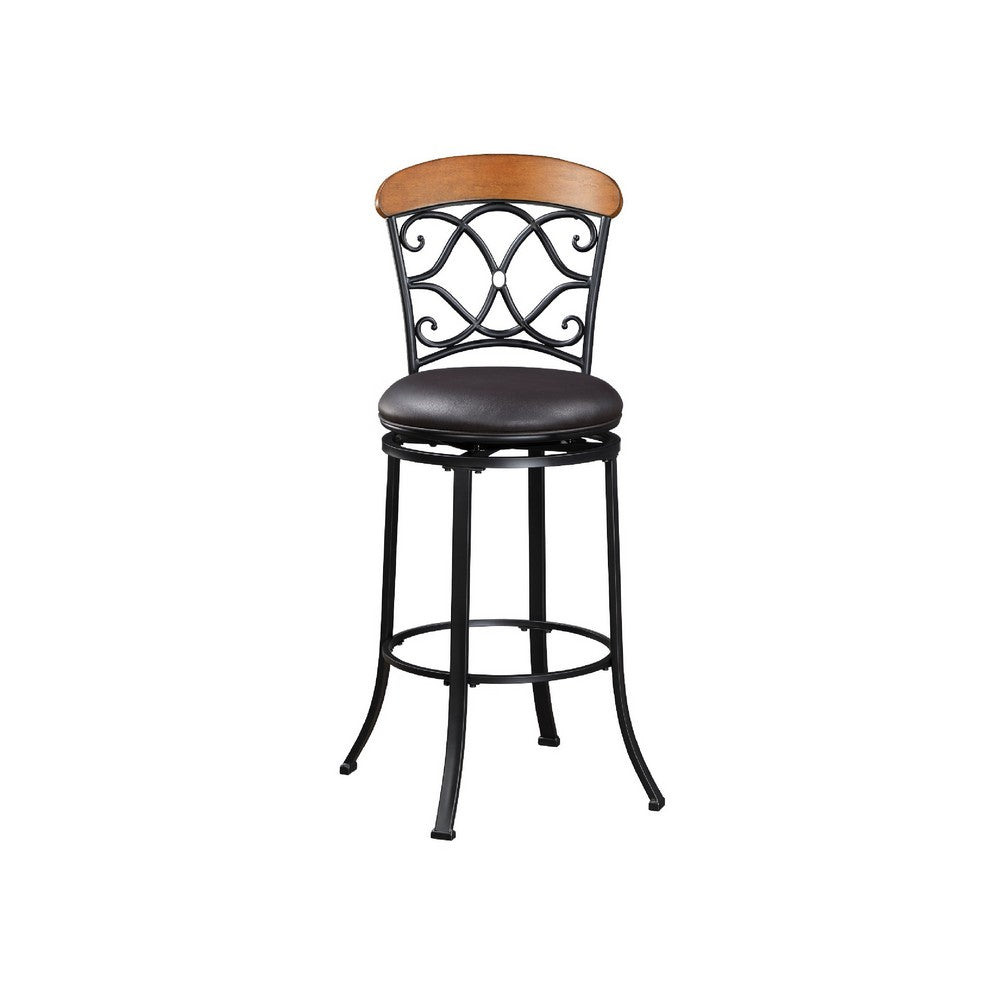 Soni Swivel Bar Height Chair, Scroll Back, Faux Leather, Black Metal - BM345430