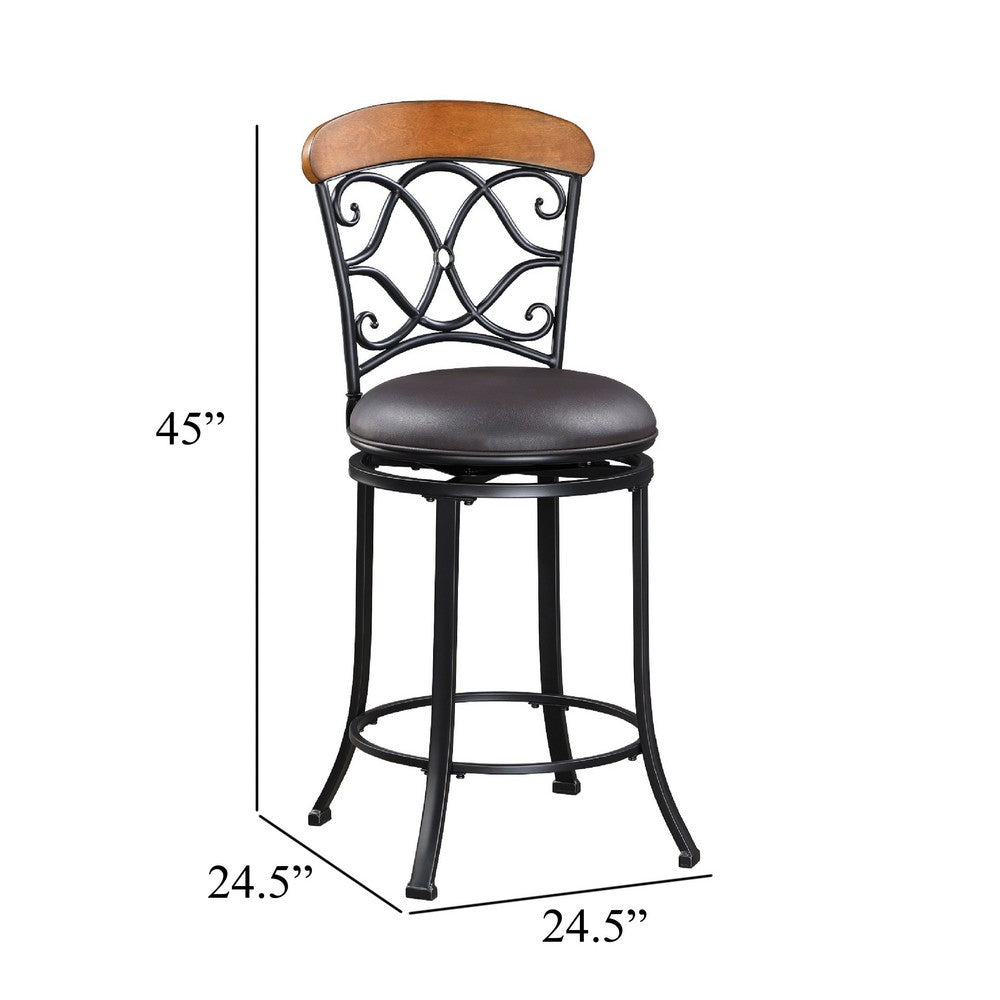 Soni Swivel Bar Height Chair, Scroll Back, Faux Leather, Black Metal - BM345430