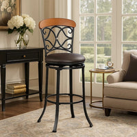 Soni Swivel Bar Height Chair, Scroll Back, Faux Leather, Black Metal - BM345430