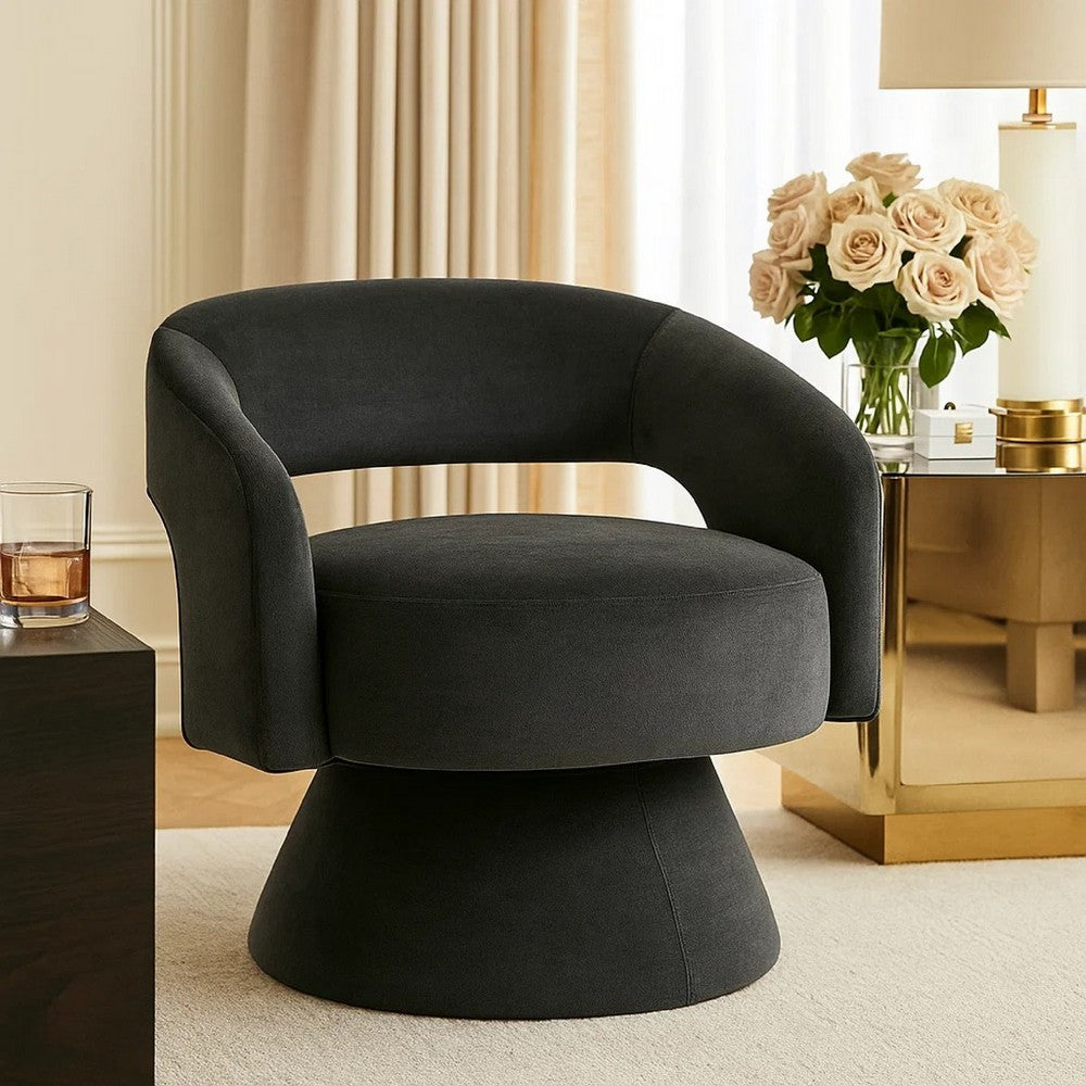 Lessa Swivel Accent Chair, Barrel Style, Foam Padded, Dark Gray Velvet - BM345432