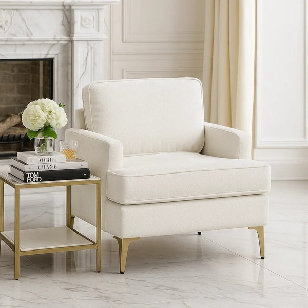 Cole Accent Chair, Foam Fill Beige Chenille, Track Arms, Gold Metal Legs - BM346651