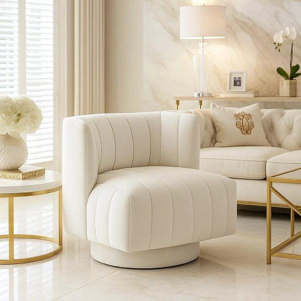 Joya Swivel Accent Chair, Barrel Wingback, Channeled Beige Polyester - BM346655
