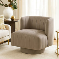 Joya Swivel Accent Chair, Barrel Wingback, Channeled Taupe Gray Polyester - BM346656