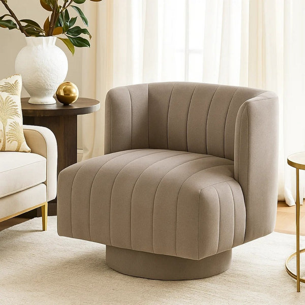 Joya Swivel Accent Chair, Barrel Wingback, Channeled Taupe Gray Polyester - BM346656