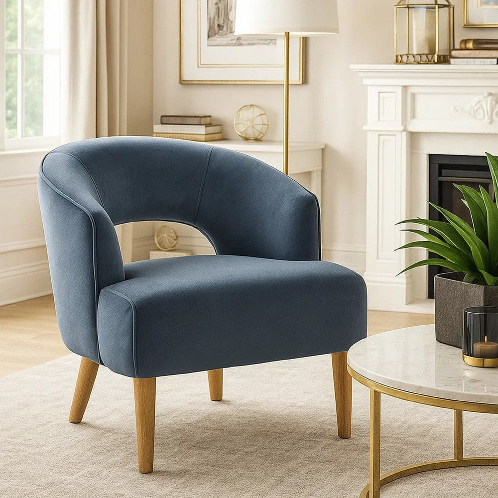 Dora Accent Chair, Open Barrel Back, Dark Gray Velvet, Light Brown Legs - BM346658