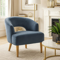 Dora Accent Chair, Open Barrel Back, Dark Gray Velvet, Light Brown Legs - BM346658
