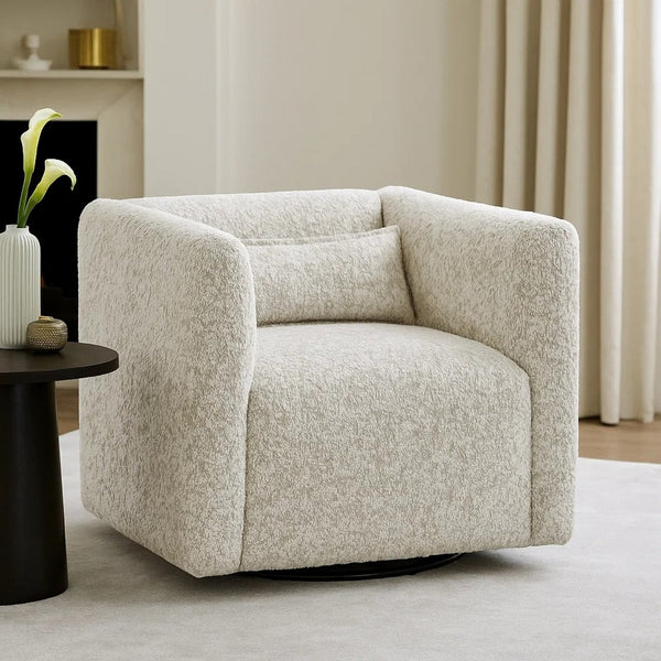 Veena Swivel Cube Chair with Lumbar Pillow, Foam Cushions, Beige Jacquard - BM346661