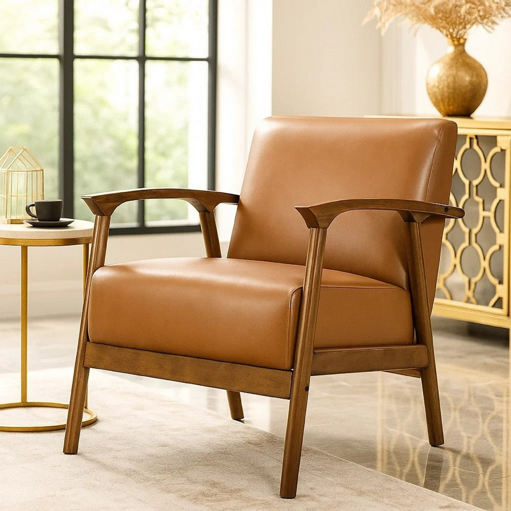 Eva Accent Chair, Foam Fill Cushions, Brown Faux Leather and Wood Frame - BM346664