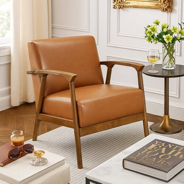 Eva Accent Chair, Foam Fill Cushions, Brown Faux Leather and Wood Frame - BM346664