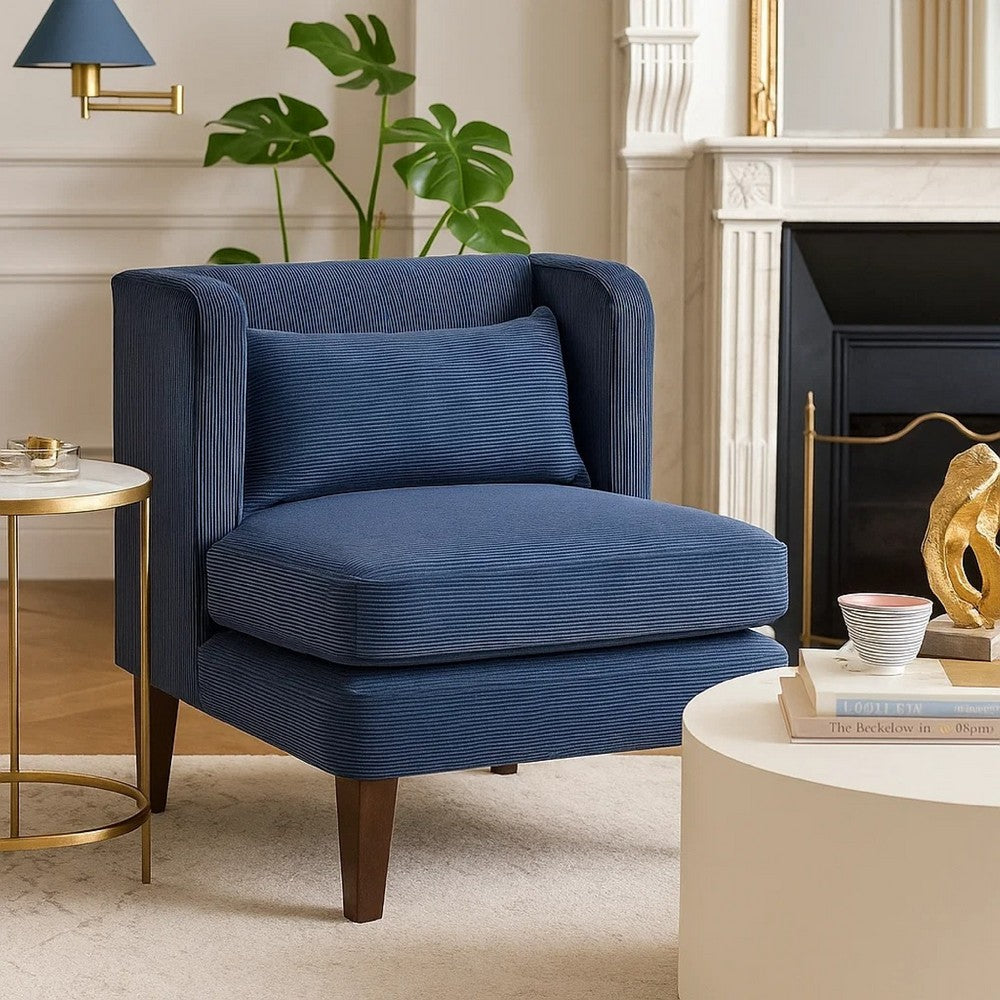 Feya Accent Chair w Lumbar Pillow, Channeled Blue Corduroy, Brown Legs - BM346666