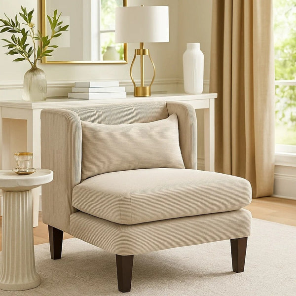 Feya Accent Chair w Pillow, Channeled Taupe Brown Corduroy, Brown Legs - BM346668