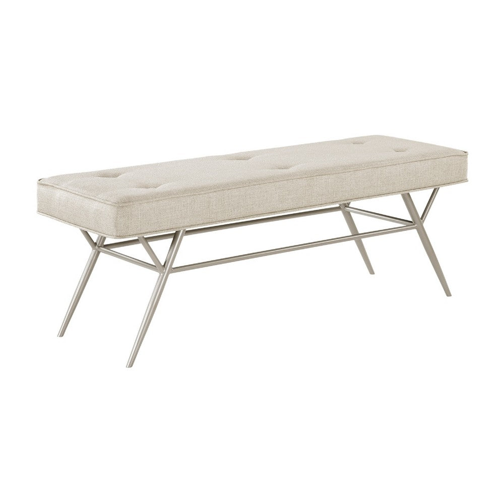 Wen Dining Bench, Beige Polyester, Champagne Gray Angled Base, 48 Inch - BM346670