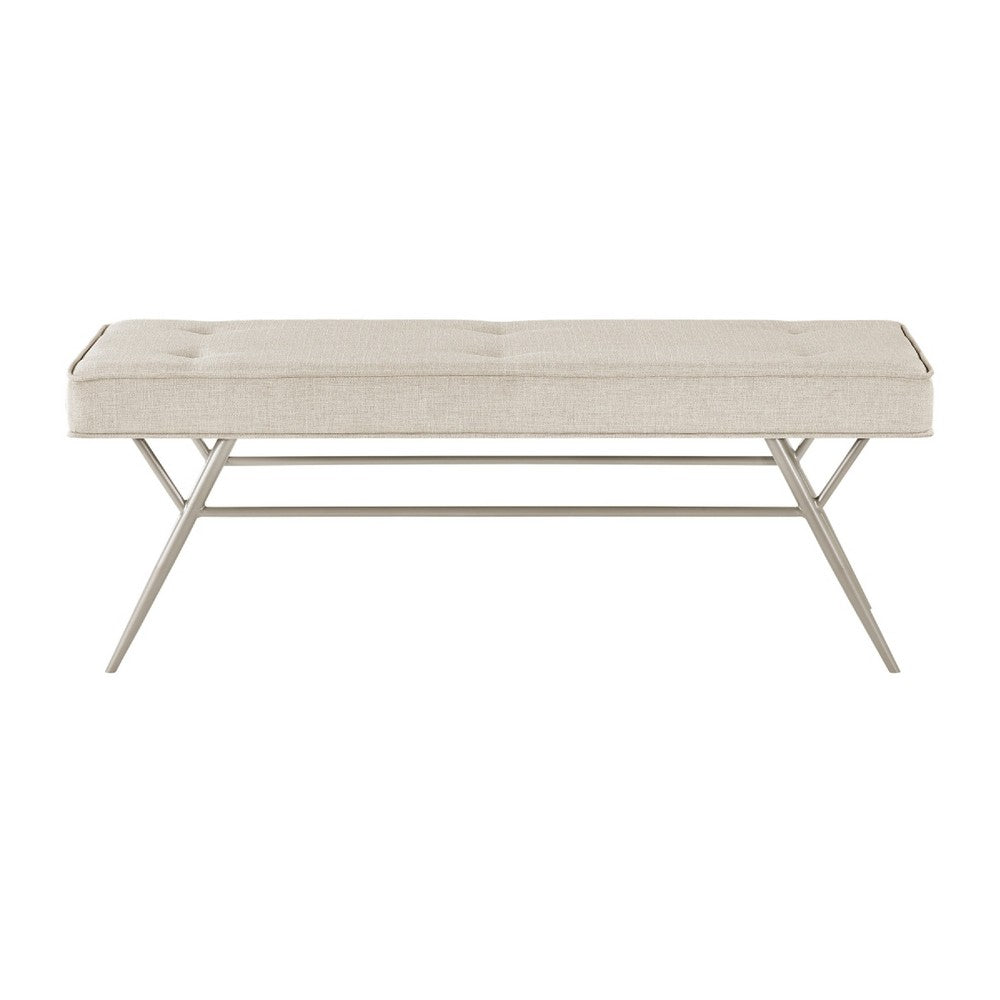 Wen Dining Bench, Beige Polyester, Champagne Gray Angled Base, 48 Inch - BM346670