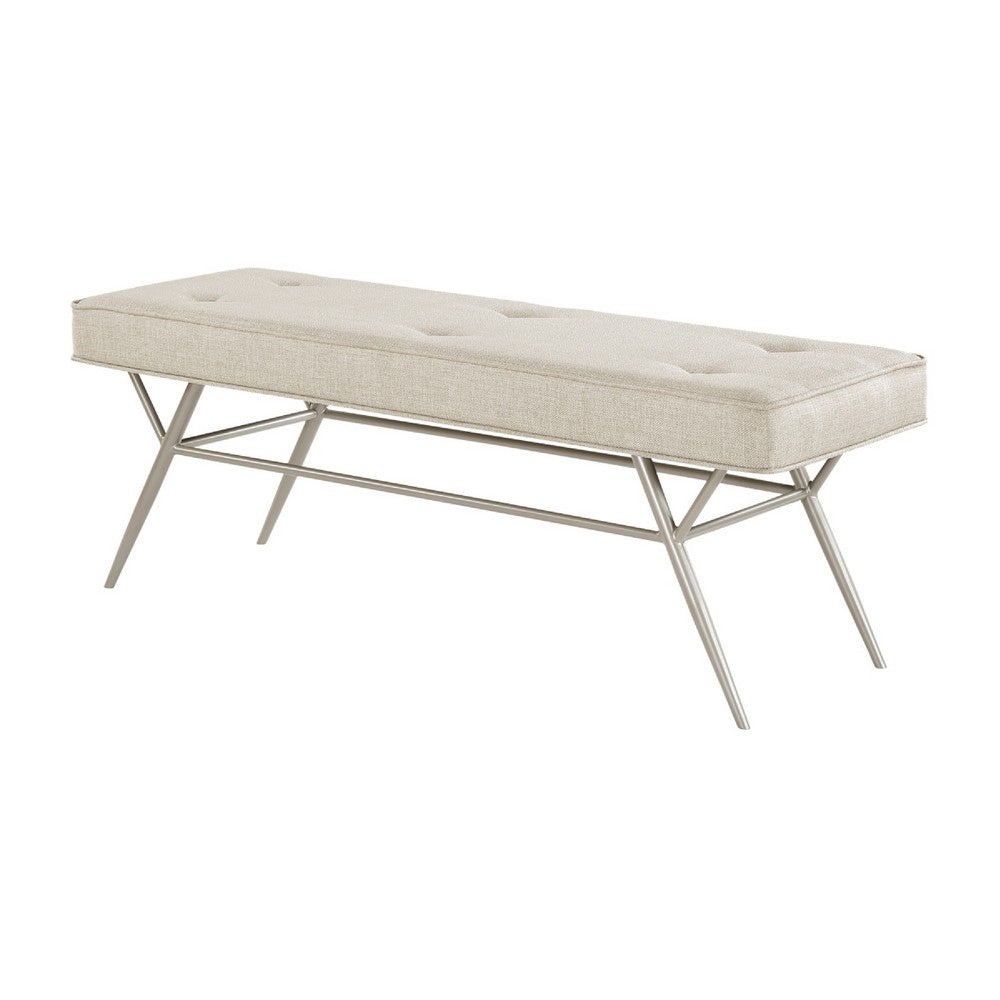 Wen Dining Bench, Beige Polyester, Champagne Gray Angled Base, 48 Inch - BM346670