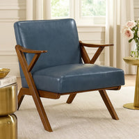 Gya Accent Chair, Blue Faux Leather Upholstery, Walnut Brown Rubberwood - BM346678