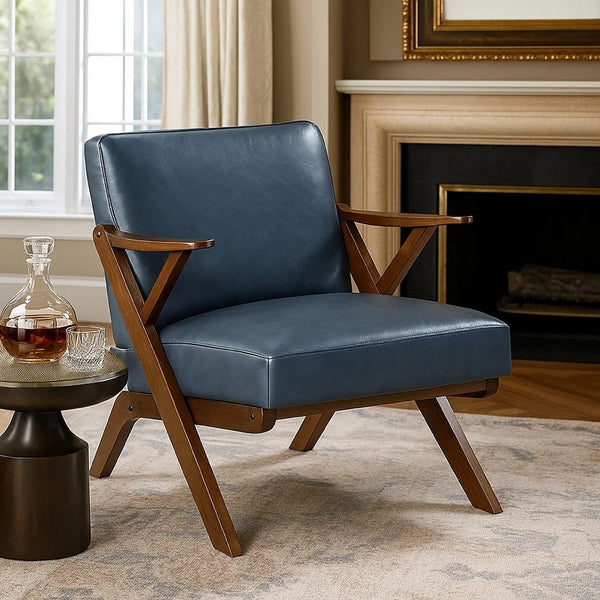 Gya Accent Chair, Blue Faux Leather Upholstery, Walnut Brown Rubberwood - BM346678
