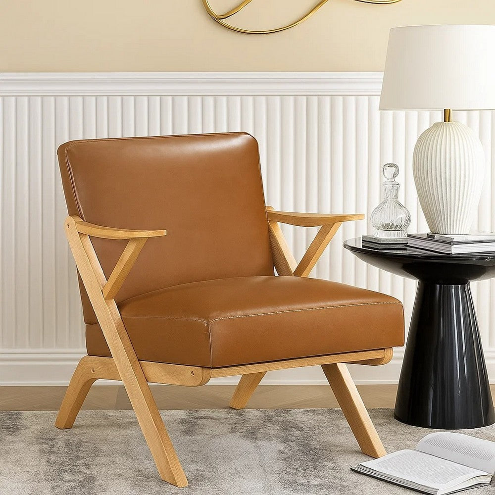 Gya Accent Chair, Brown Faux Leather, Natural Brown Rubberwood - BM346679