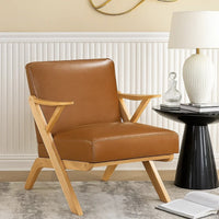 Gya Accent Chair, Brown Faux Leather, Natural Brown Rubberwood - BM346679