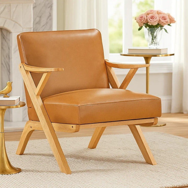 Gya Accent Chair, Brown Faux Leather, Natural Brown Rubberwood - BM346679