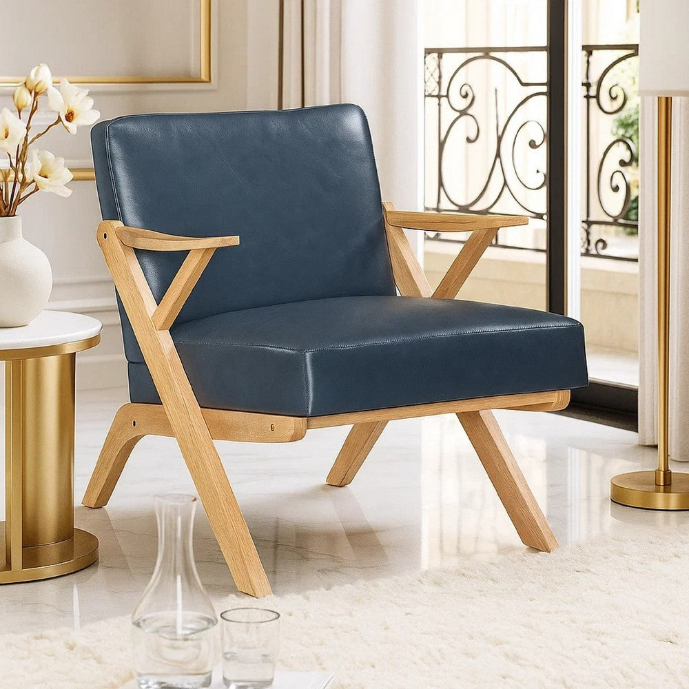 Gya Accent Chair, Blue Faux Leather, Natural Brown Rubberwood - BM346680