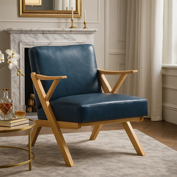 Gya Accent Chair, Blue Faux Leather, Natural Brown Rubberwood - BM346680