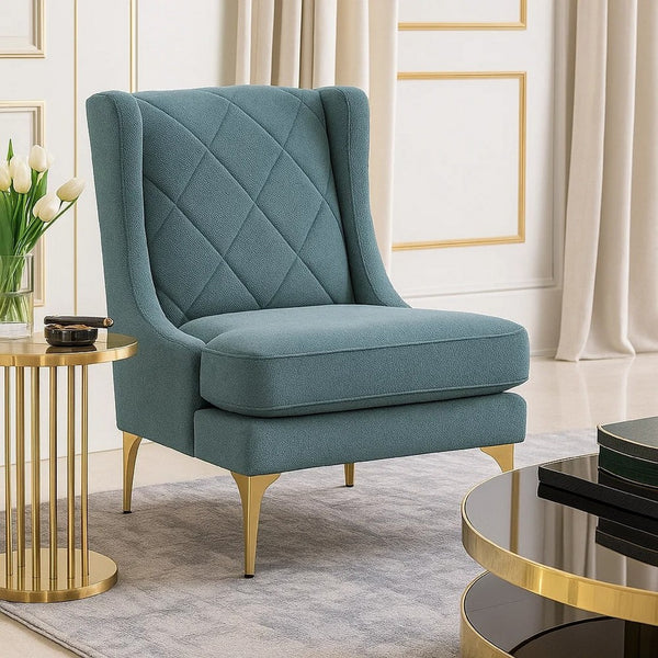 Svy Wingback Accent Chair, Blue Chenille Cushion, Gold Metal Legs - BM346681