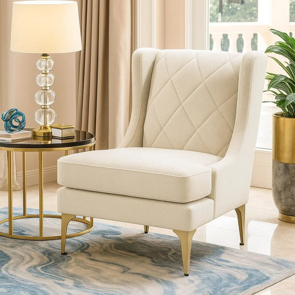 Svy Wingback Accent Chair, Taupe Chenille Cushion, Gold Metal Legs - BM346683