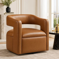 Cera Swivel Chair, Barrel Back, Camel Brown Faux Leather Upholstery - BM346688