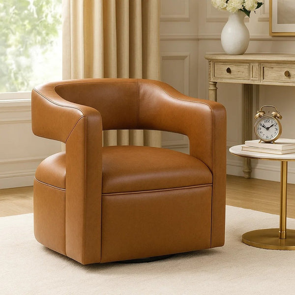 Cera Swivel Chair, Barrel Back, Camel Brown Faux Leather Upholstery - BM346688