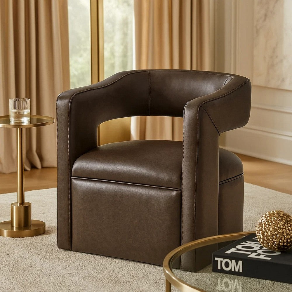 Cera Swivel Chair, Barrel Back, Coffee Brown Faux Leather Upholstery - BM346689