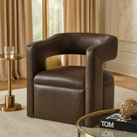 Cera Swivel Chair, Barrel Back, Coffee Brown Faux Leather Upholstery - BM346689