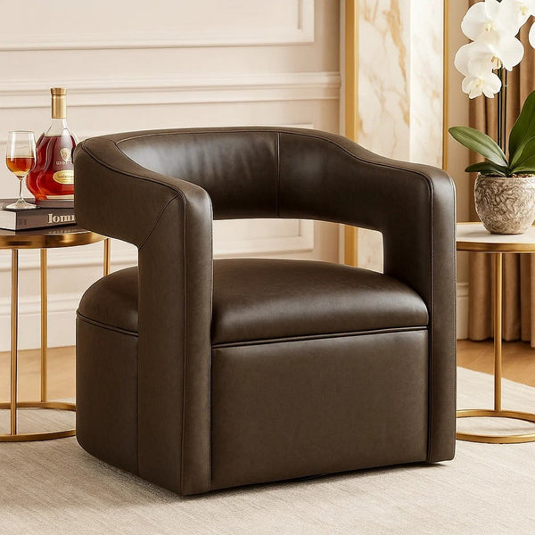 Cera Swivel Chair, Barrel Back, Coffee Brown Faux Leather Upholstery - BM346689
