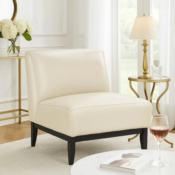 Hoy Accent Chair, Beige Top Grain Leather, Black Solid Wood Legs - BM346690