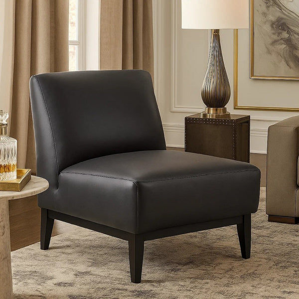 Hoy Accent Chair, Top Grain Leather Cushions, Black Solid Wood Legs - BM346691