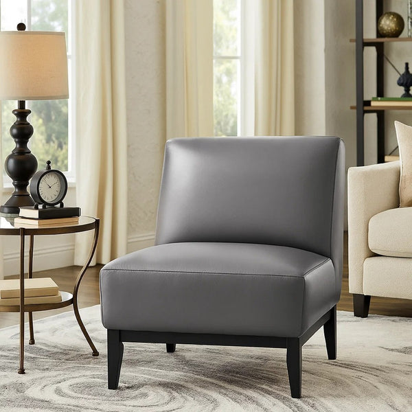 Hoy Accent Chair, Dark Gray Top Grain Leather, Black Solid Wood Legs - BM346693