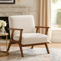 Ary Armchair, Beige Chenille Cushion, Chestnut Brown Solid Rubberwood - BM346694