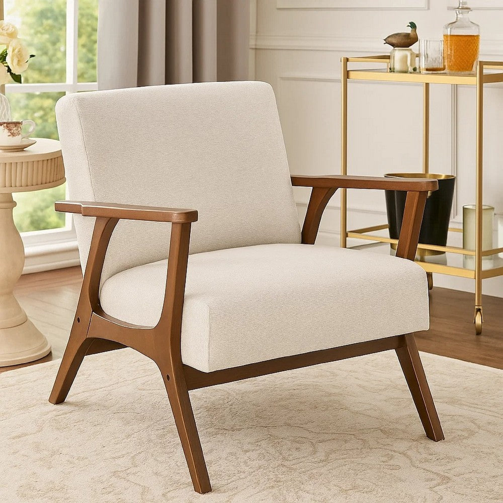 Ary Armchair, Beige Chenille Cushion, Chestnut Brown Solid Rubberwood - BM346694