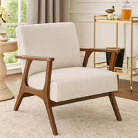 Ary Armchair, Beige Chenille Cushion, Chestnut Brown Solid Rubberwood - BM346694