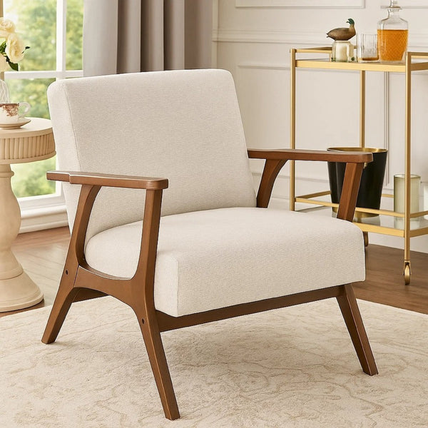 Ary Armchair, Beige Chenille Cushion, Chestnut Brown Solid Rubberwood - BM346694