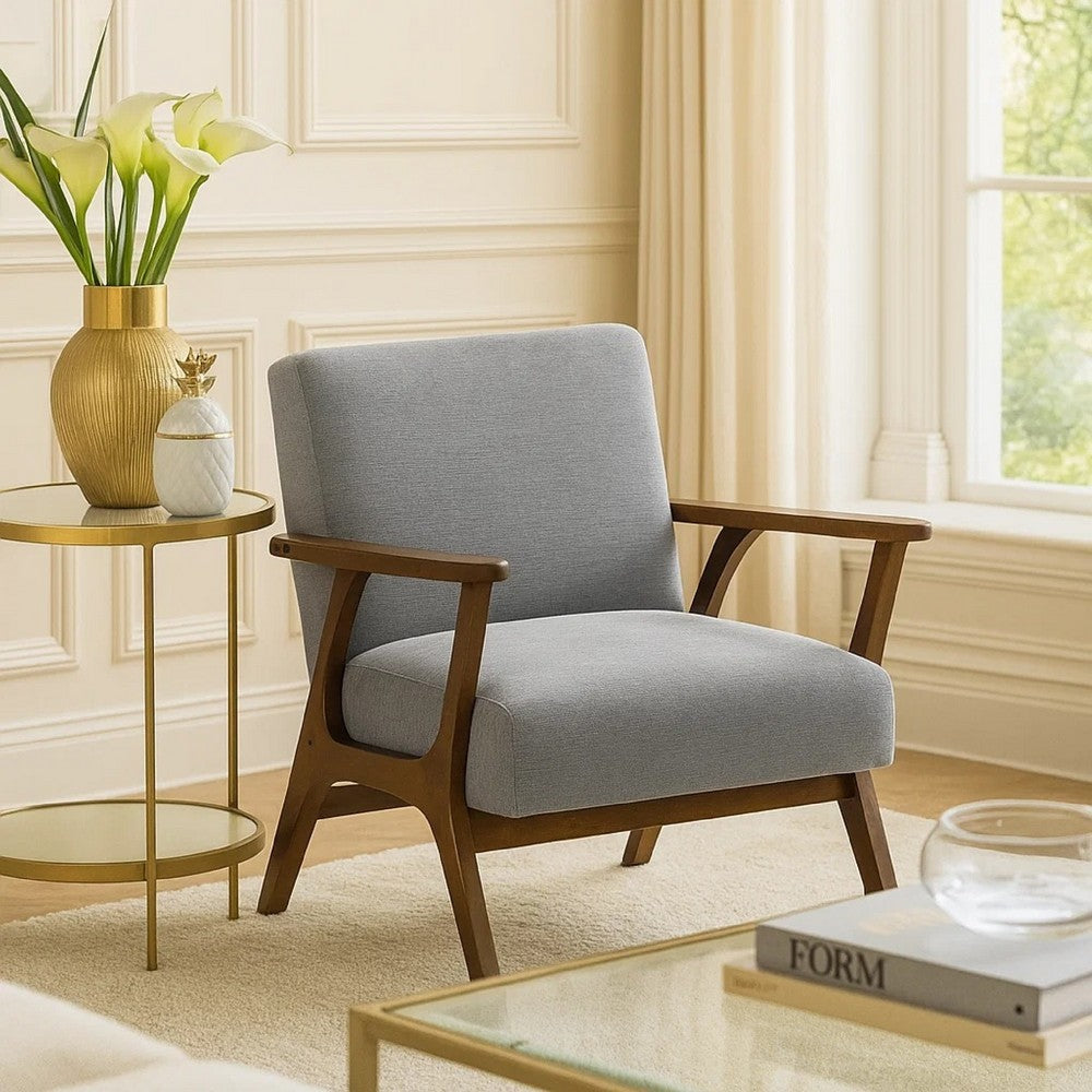Ary Armchair, Gray Chenille Cushion, Chestnut Brown Solid Rubberwood - BM346695