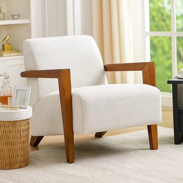 Demy Accent Armchair, Beige Chenille Cushion, Chestnut Brown Solid Wood - BM346696