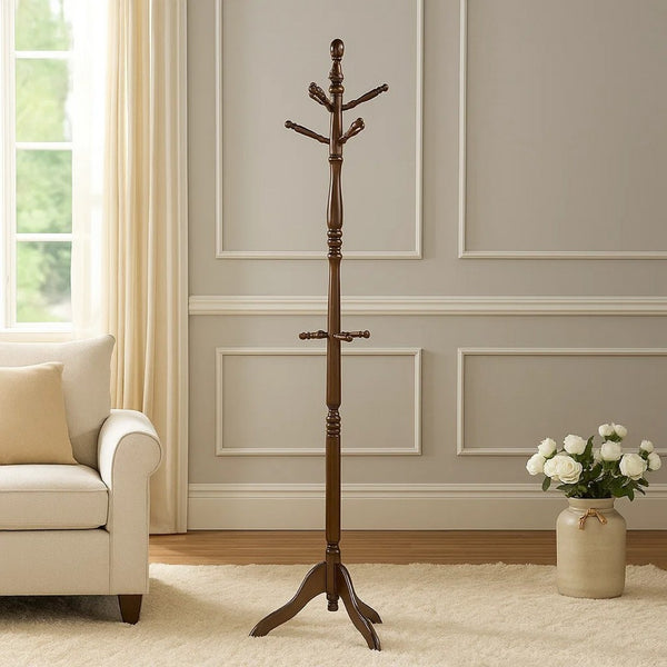 Moy 3 Tier Coat Rack with 10 Hooks, 72 Inch Dark Brown Solid Wood - BM346698