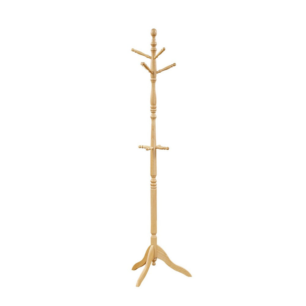 Moy 3 Tier Coat Rack with 10 Hooks, 72 Inch Natural Brown Solid Wood - BM346699