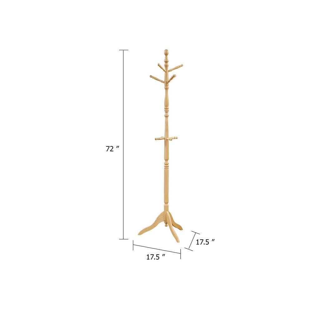 Moy 3 Tier Coat Rack with 10 Hooks, 72 Inch Natural Brown Solid Wood - BM346699