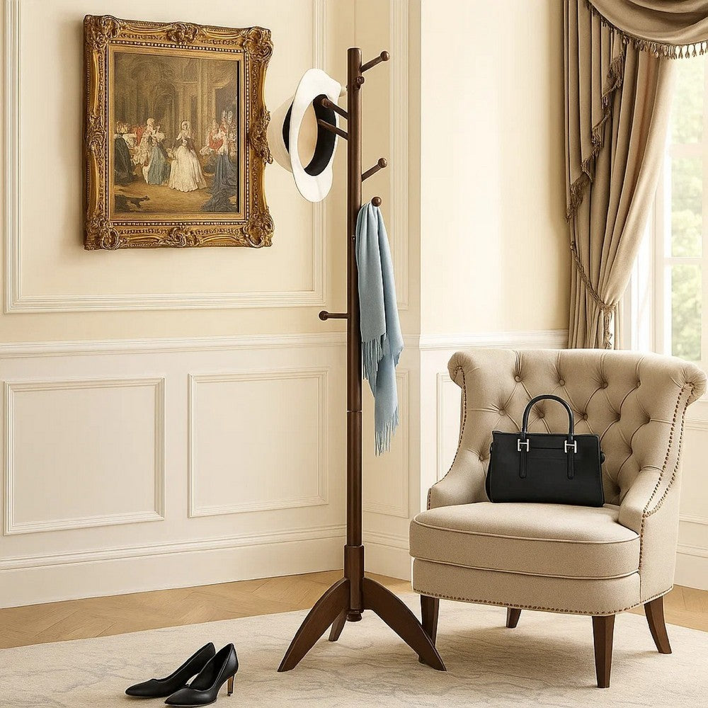 Pon 7 Tier Coat Rack w 11 Hooks and Tripod Base, 70 Inch Dark Brown - BM346700