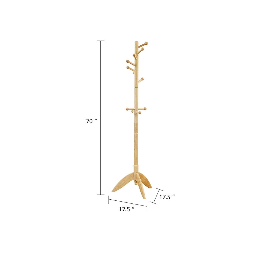 Pon 7 Tier Coat Rack w 11 Hooks and Tripod Base, 70 Inch Natural Brown - BM346701