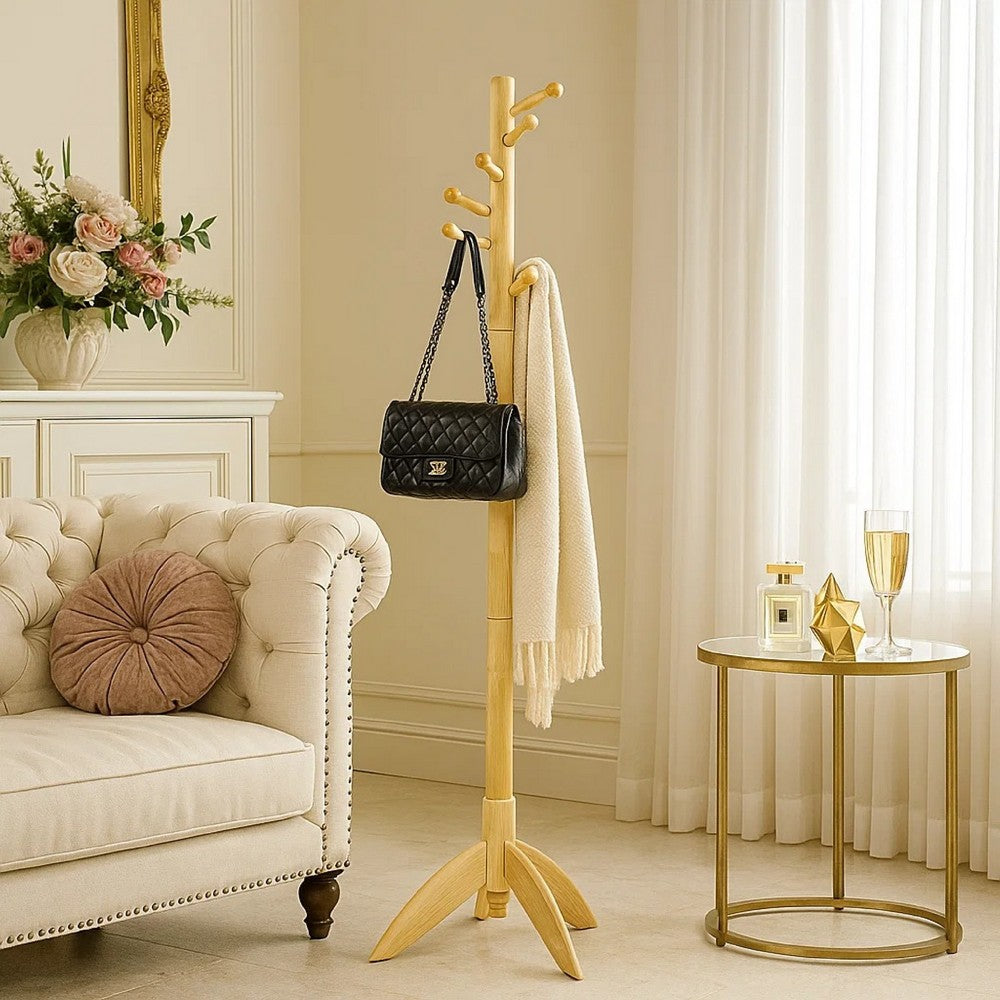 Pon 7 Tier Coat Rack w 11 Hooks and Tripod Base, 70 Inch Natural Brown - BM346701