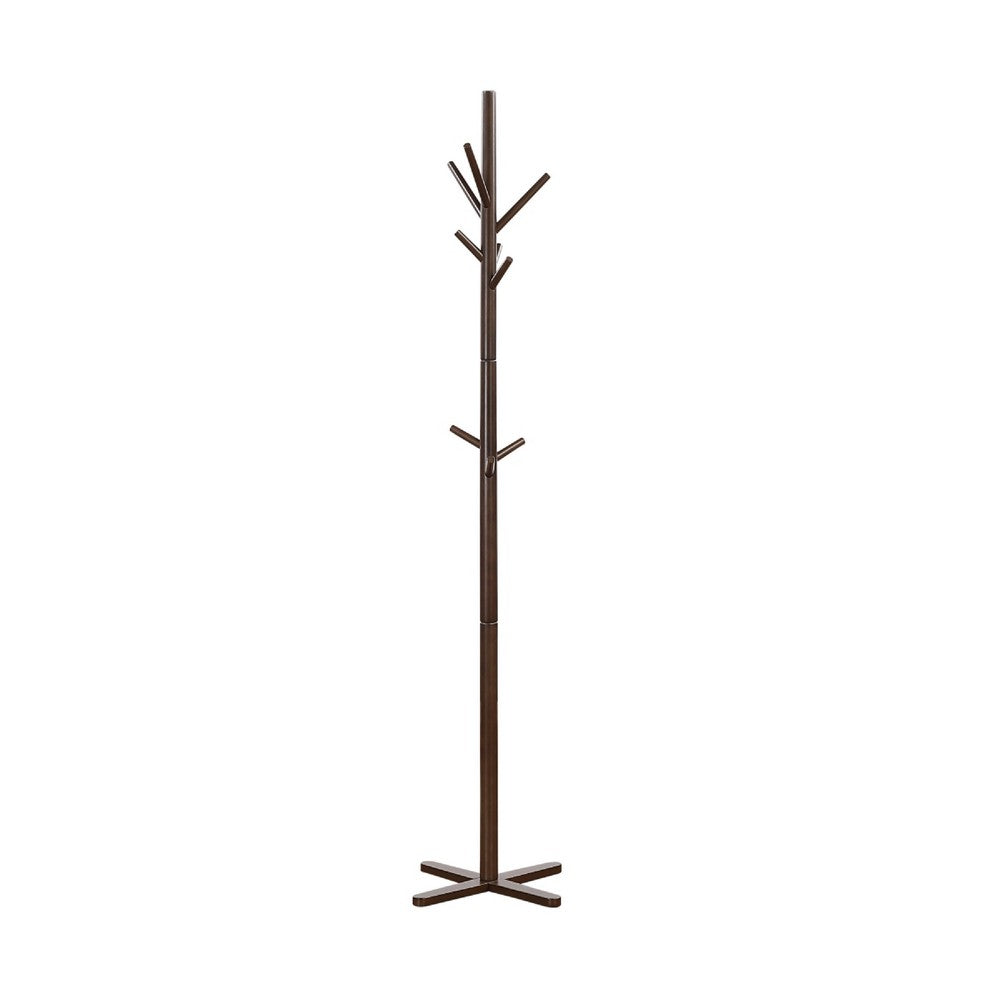 Jema 3 Tier Coat Rack, 9 Hanging Hooks, 70 Inch Dark Brown Solid Wood - BM346702