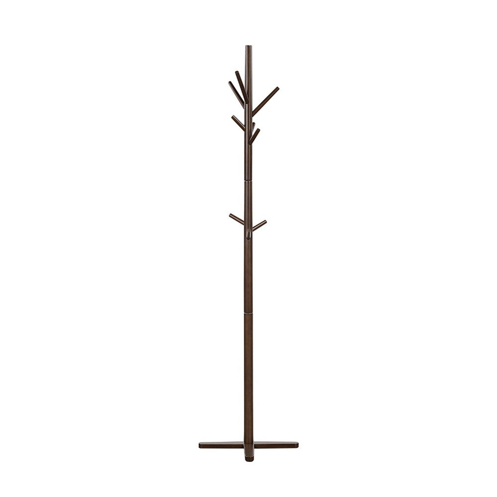 Jema 3 Tier Coat Rack, 9 Hanging Hooks, 70 Inch Dark Brown Solid Wood - BM346702