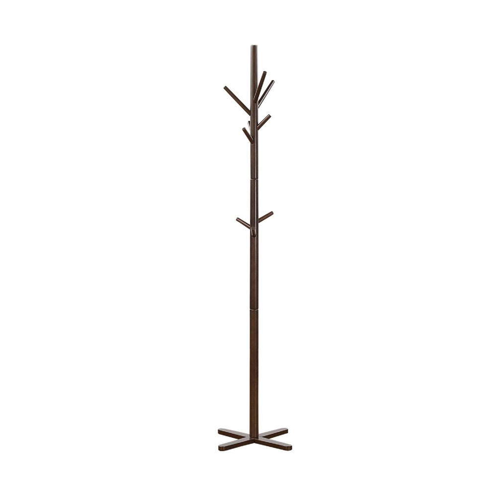 Jema 3 Tier Coat Rack, 9 Hanging Hooks, 70 Inch Dark Brown Solid Wood - BM346702